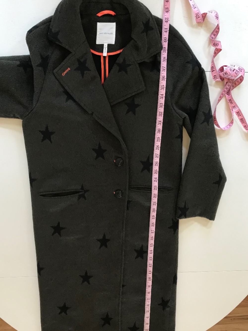 AVEC LES FILLES ESTRELLAS LONG STAR PRINT DOUBLE FACE TRENCH WOOL GREEN COAT - Picture 13 of 16